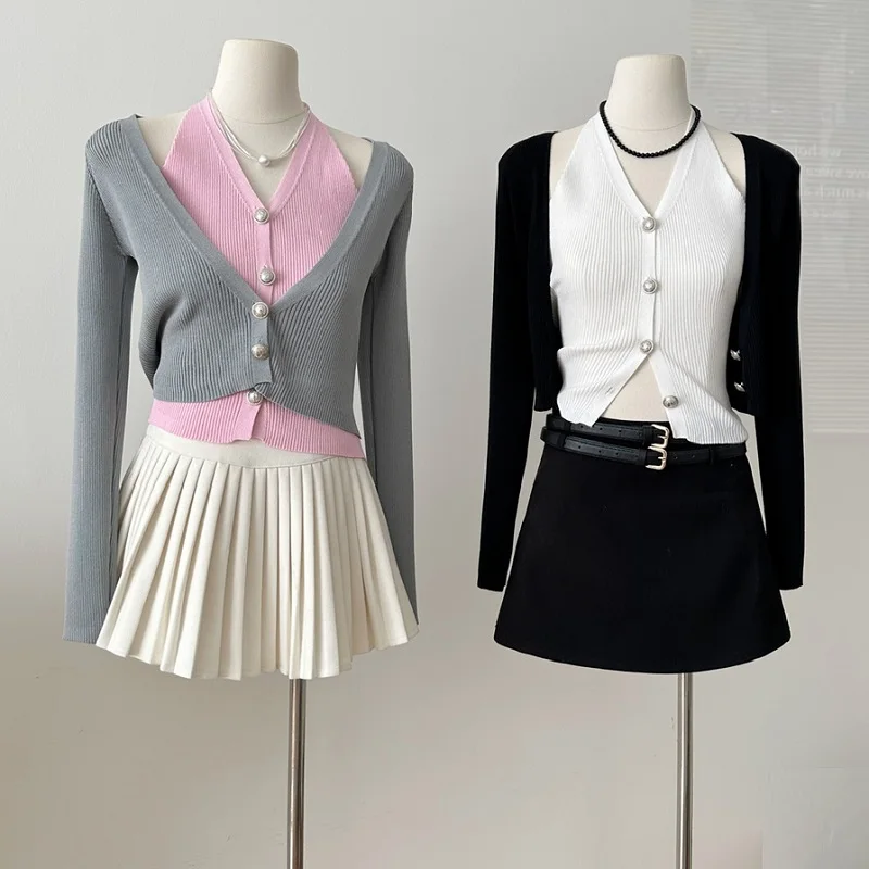 

NEW French Fashion Japanese Faux Two Pieces Knitted Sweater Cardigan For Women Korean JK Chic Ladies Top Wear Autumn Winter