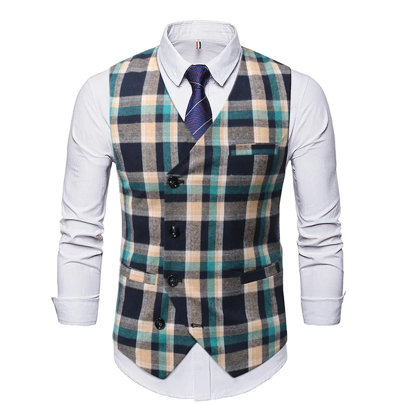 

Men Casual Vest Vest European Size Fashion Business Casual British Plaid Style Vest Single-breasted Suit Vest for Men gentleman