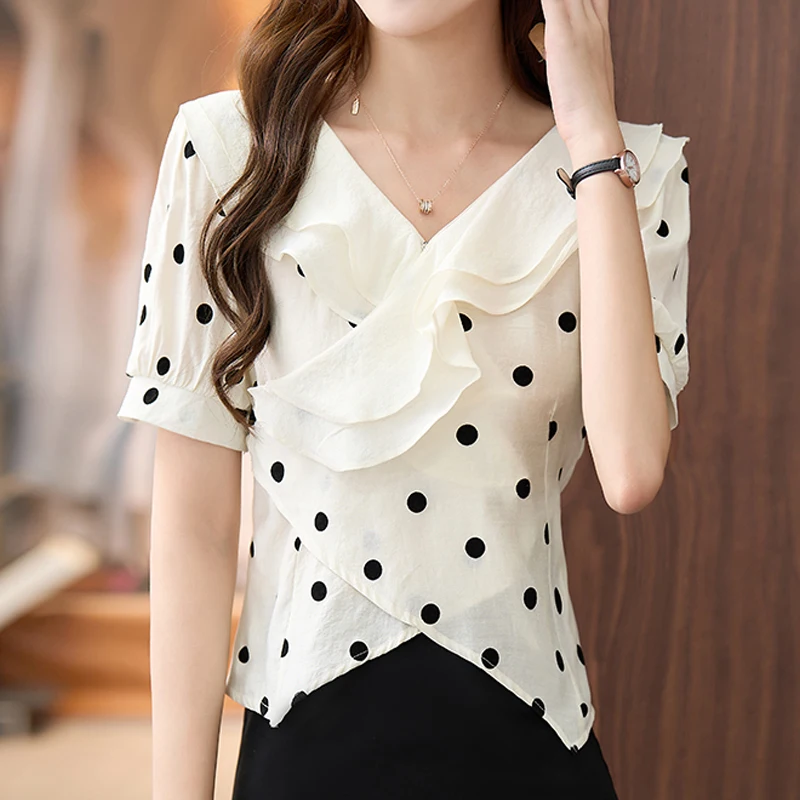 

Fungus Print Stitching Summer New French Polka Dot Slim Temperament V-Neck Comfortable Puff Sleeve Fashion Chiffon Women'S Top