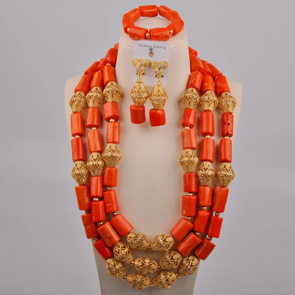 

24 Inches Nigerian Orange Coral Beads African Wedding Necklace Bridal Jewelry Sets