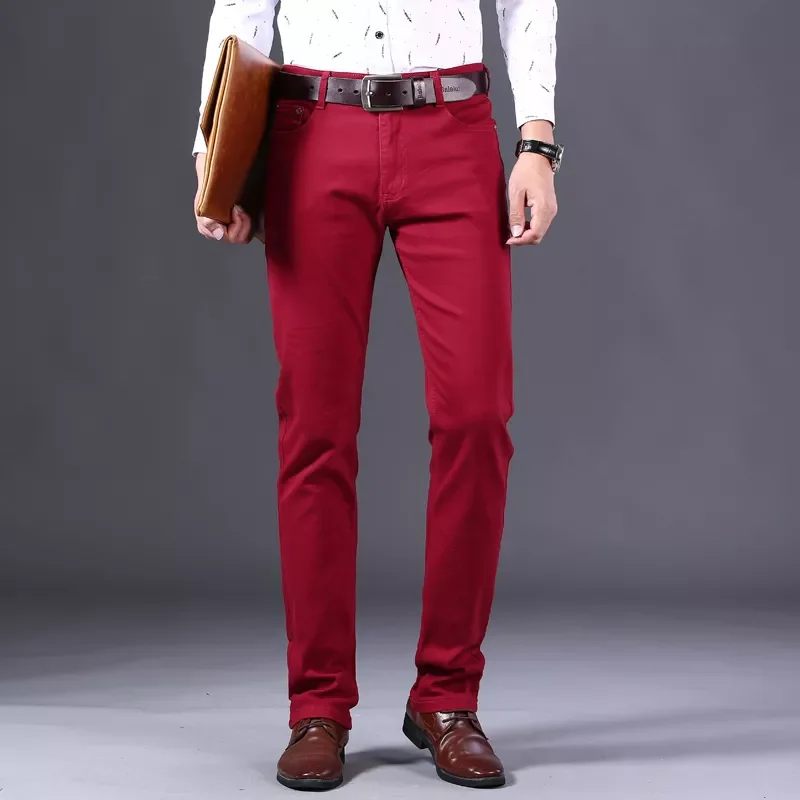 2022New and summer men's wine red jeans fashion casual boutique business casual straight denim stretch trousers men's br