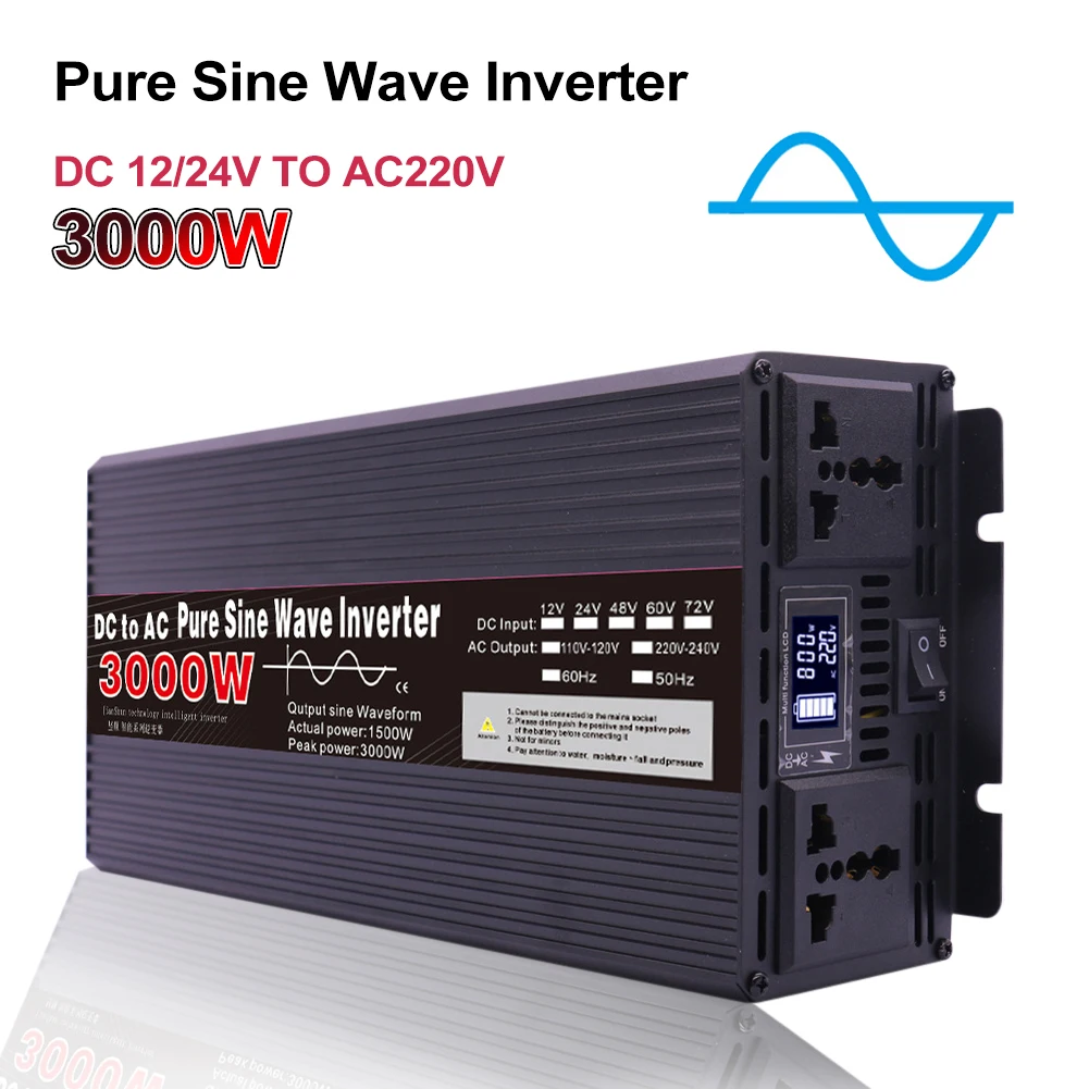 

3000W Pure Sine Wave Car Power Inverter DC 12V To AC 220V Socket Power Converter Solar Inverter For Home Car RV Truck