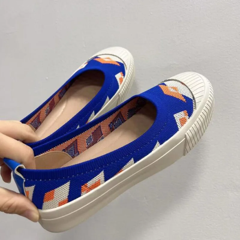 Womens Stretch Knitted Mixed Color Moccasins Breathable Cozy Work Shoes Brief Slip-on Fashion Ladies Flats Light Driving Loafers