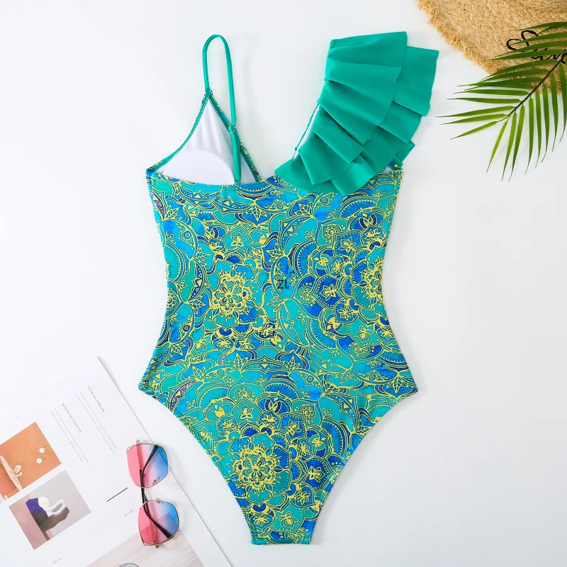 Floral Print Vintage Swimsuit 2023 New Women Ruffle One Shoulder Swimwear Brazilian Holiday Designer Bathing Suit Beach Cover Up