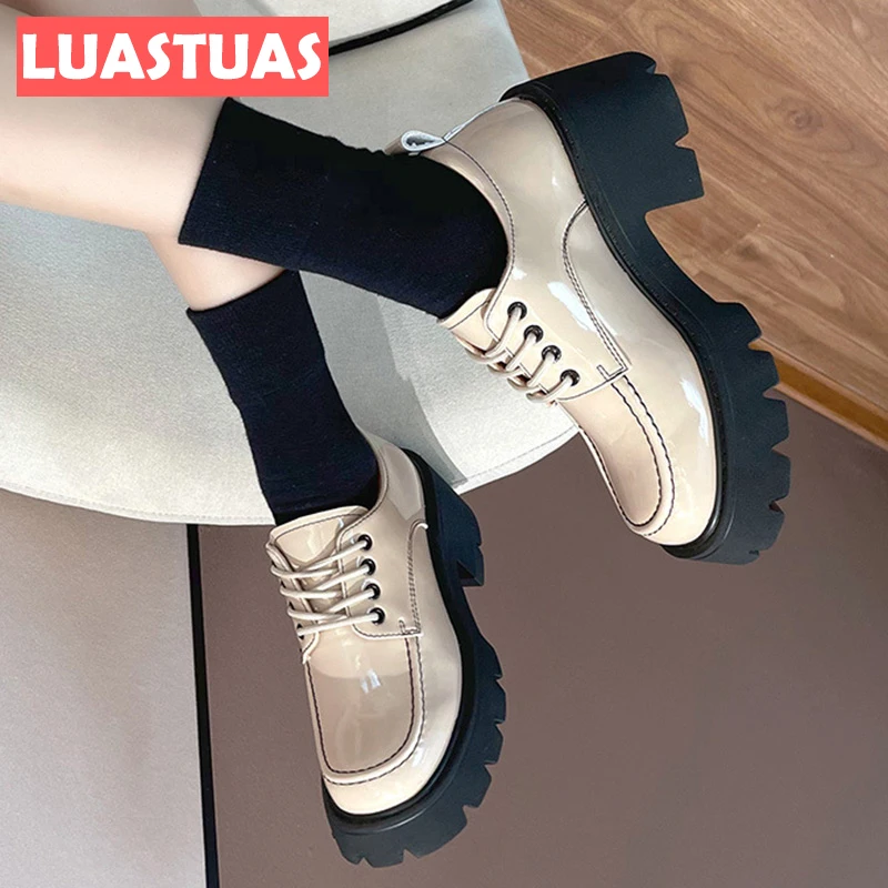 

LuasTuas Size 31-40 Pumps For Women 2022 Thick Heels Lace Up Fashion Shoes Woman Outdoor Thick Bottom Loafers Female Footwear