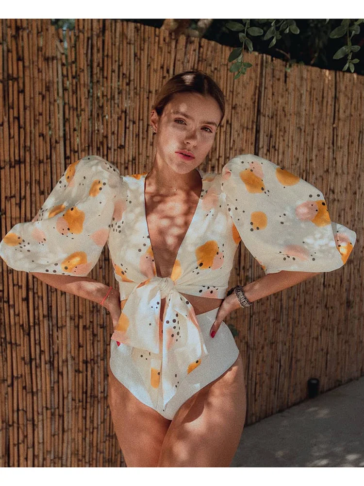 

BabYoung Lantern Sleeve Bikinis Sets Bohemian Vintage Slim Sexy Women's Swimsuits Swimwear Fashion New In Bathing Suit Female