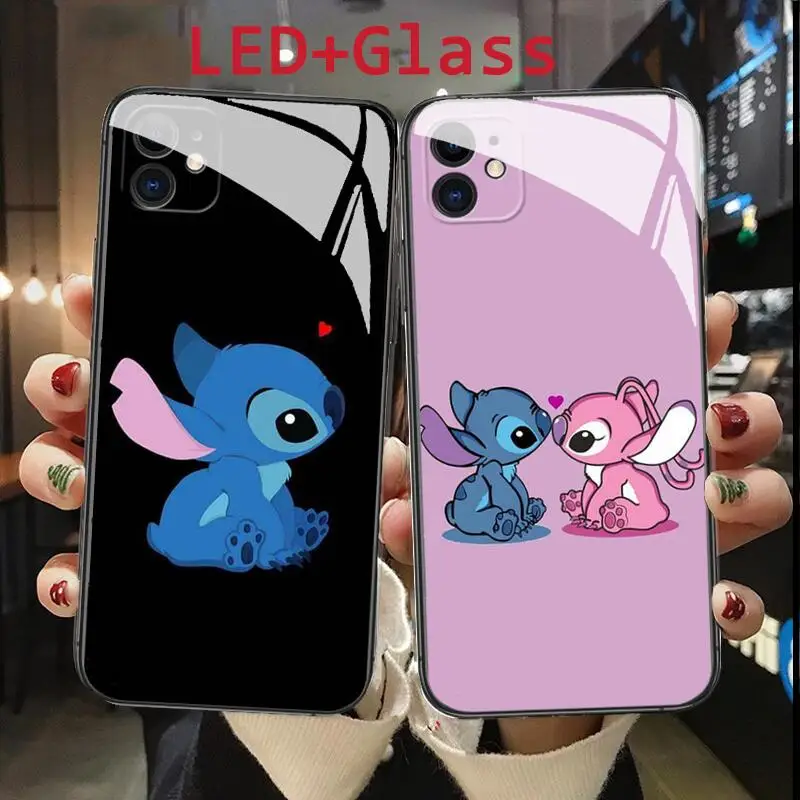 

Stitch cartoon luxury Glass + TPU phone Case For IPhone 13 12 11 Pro Max XR X XS Max 7plus New Voice controlled flashing cover