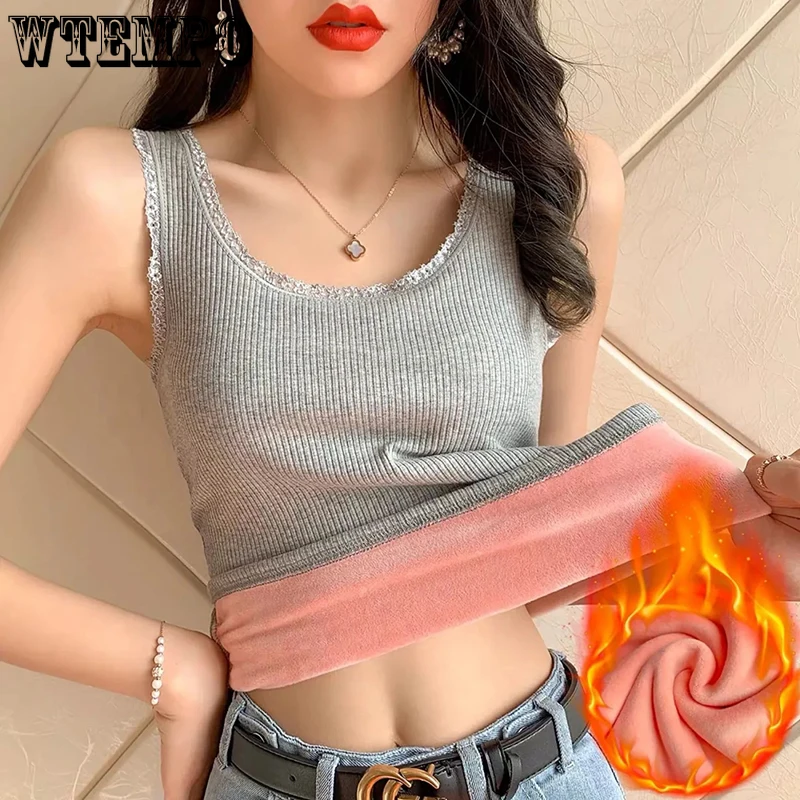 

Бархатный женский жилет, сексуальное зимнее термобелье, топы без рукавов с круглым вырезом, однотонная тонкая теплая внутренняя одежда, Тер...