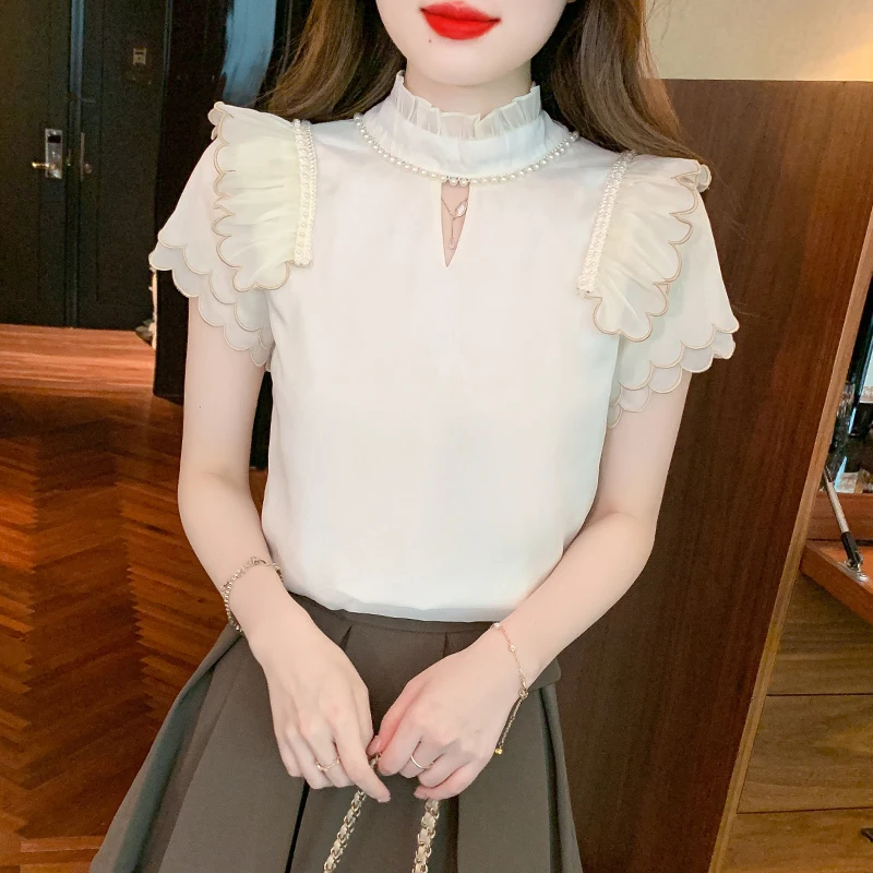 

Summer Women's Short Sleeve French Princess Neck Lace Up Beads Double Wear Chiffon Shirt Blusas De Mujer Blouse Women C670