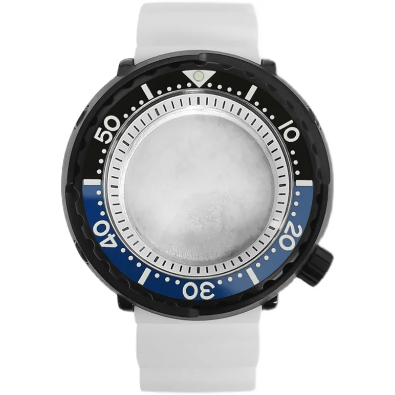 PVD Black 45mm Watch Case Can Case + White Inner Ring + White Rubber Strap Can Accomm Watch Caseodate NH35 NH36 Calibers