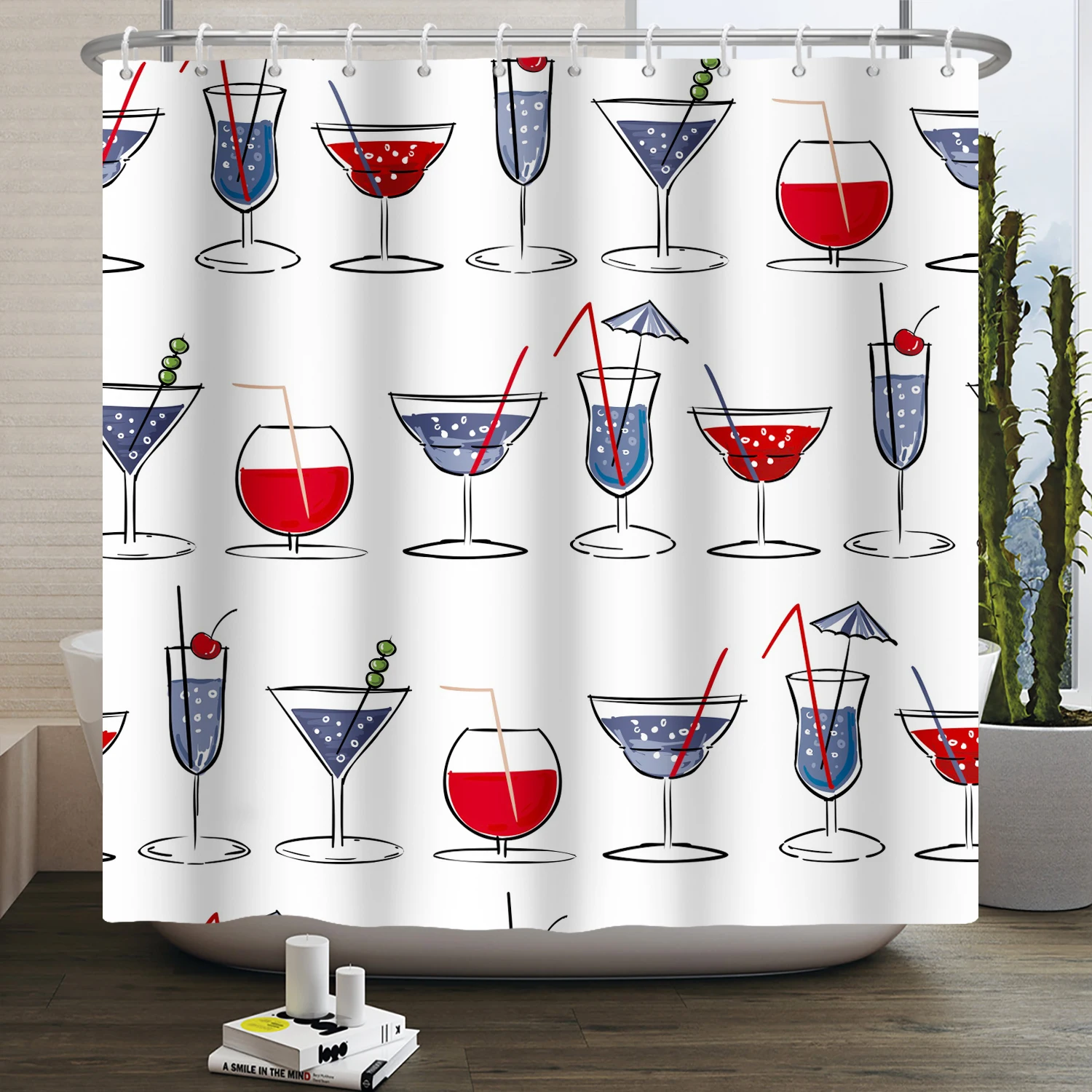 

Drink Shower Curtain Repeating Pattern with Red Wine Alcohol Beverages and Cocktails Glasses Polyester Fabric Bathroom Decor