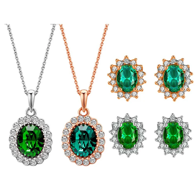 

Charm Emerald Green Crystal Paved Cubic Zirconia Gold Silver Earrings Necklace Pendant Fashion Personality Jewelry for Women