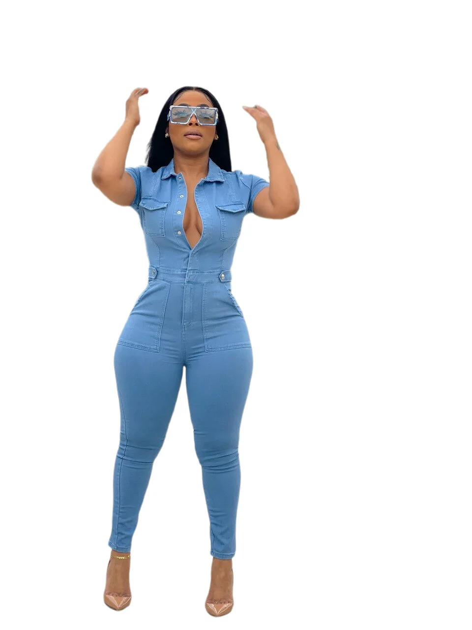 One Piece Denim Overalls for Women Long Jumpsuit Short Sleeve Turn-Down Collar Single-Breasted Slim Bodysuit Summer Dropshipping