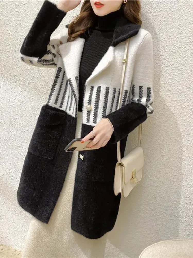 

Spring Autumn Women Long Causal Mohair Cardigan Coat High Strecth Mink Fur Knitting Jacket