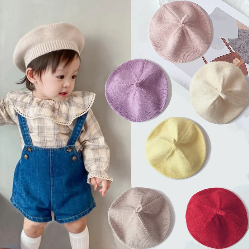 

Cream Solid Color Korean Baby Hat Berets for Girls Autumn Winter Knitted Cap Kids Infant Girl Bonnets Beret Hats Accessories