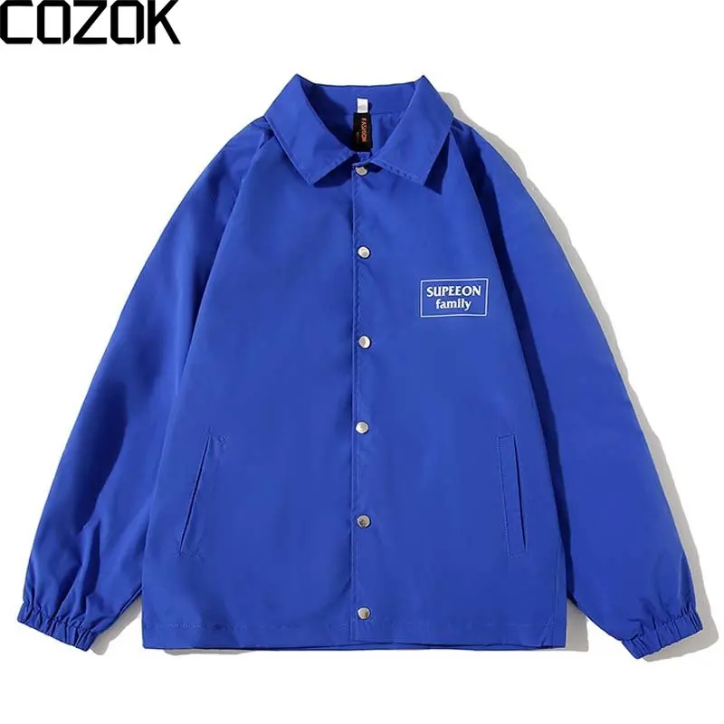 Korean Streetwear Men Coach Jacket Coat Solid Color Windbreaker Sleeve Couple Harajuku Bomber Jacket Sports Blue Black 2022