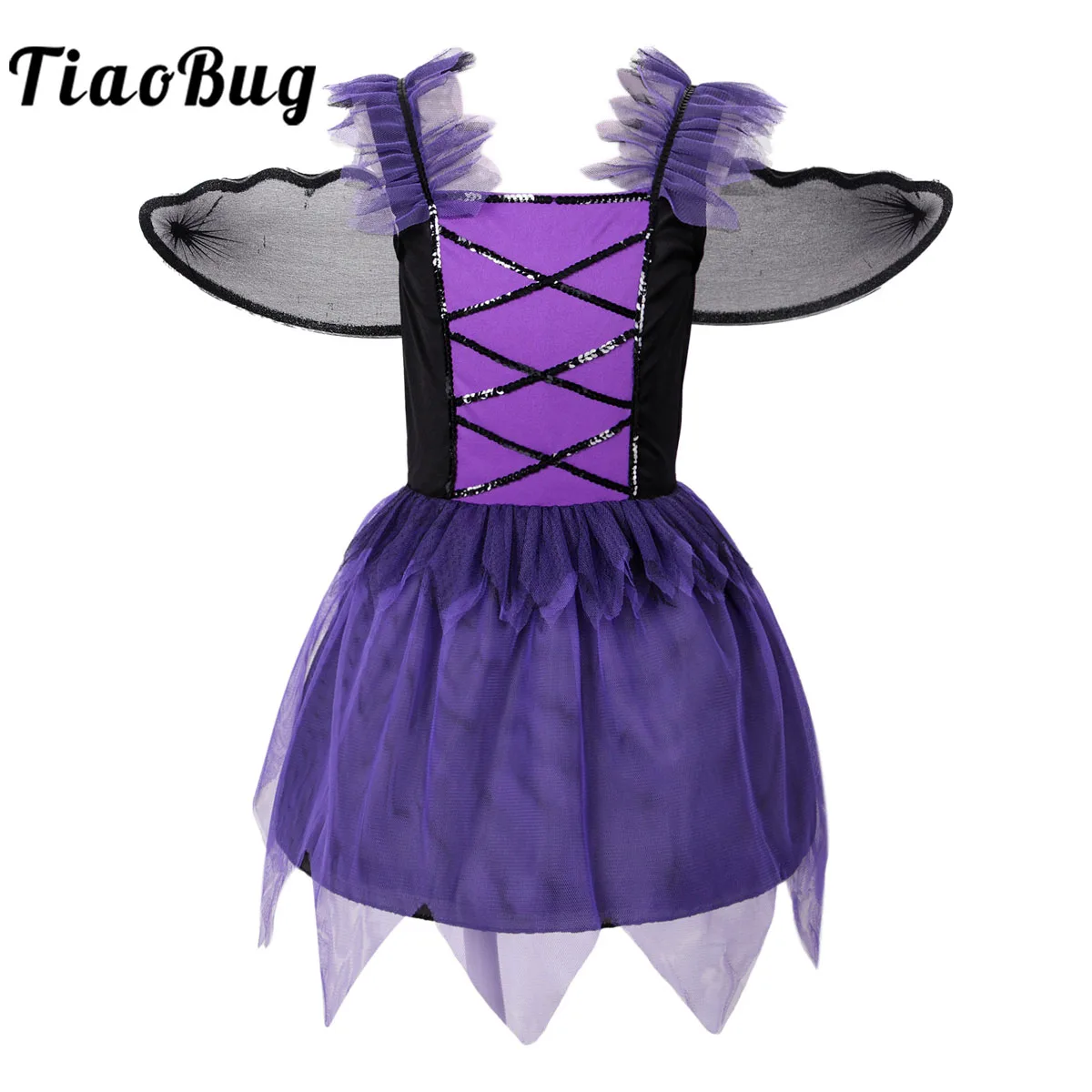

Witch Costume Set Kid Girls Child Sparkly Sequins Halloween Cosplay Costume Purple Dress&Bat Wings Outfits