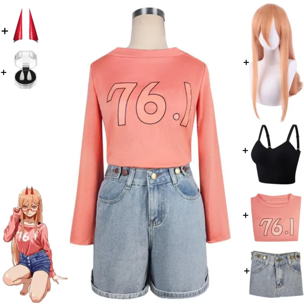 

Anime Chainsaw Man Power Cosplay Costume Wig Demon False Teeth Horn T-shirt Denim Shorts Sexy Woman Outfit Halloween Suit
