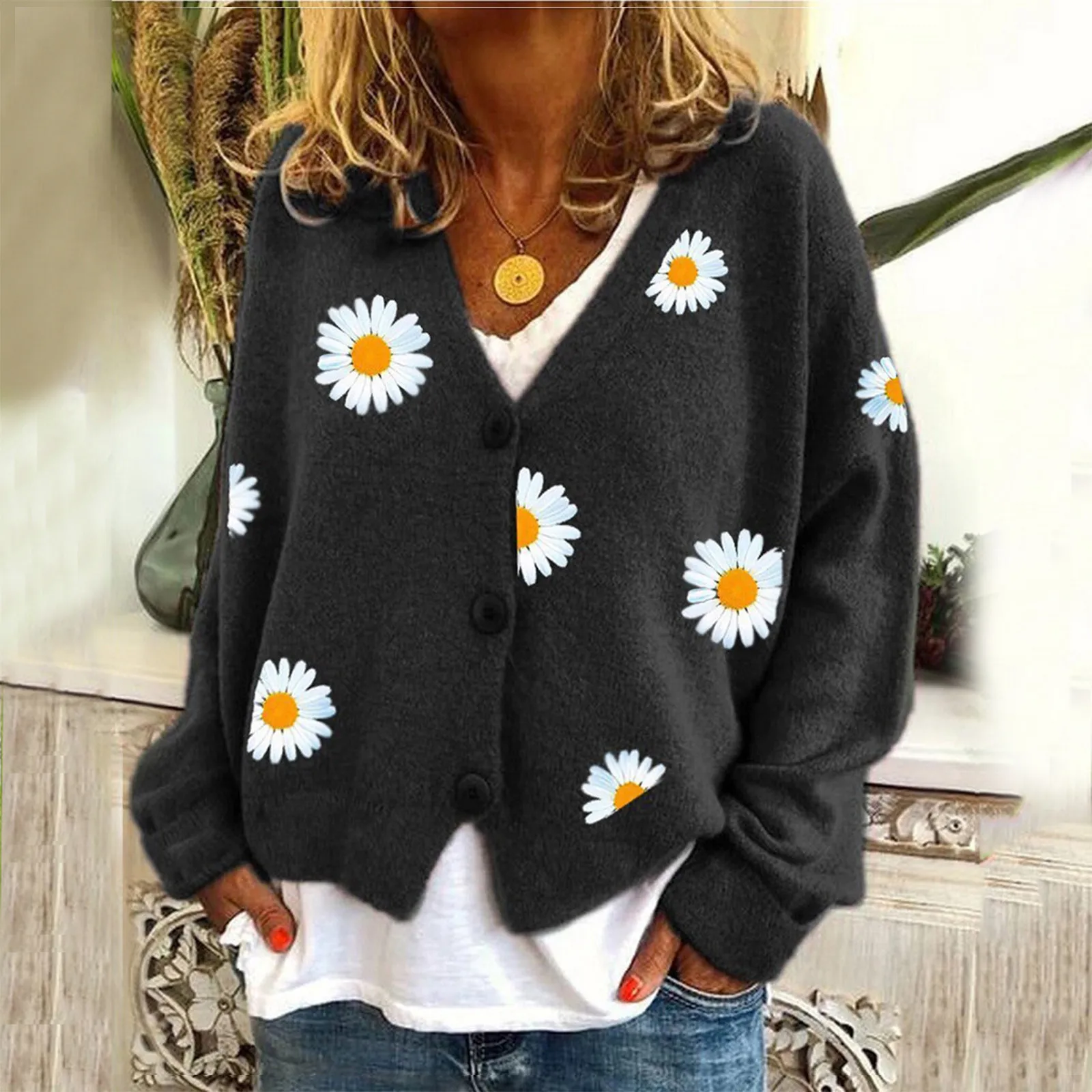 

Women Daisy Print Sweater Button Graphic Cardigans Long Sleeve Coat V-Neck Pullover Cropped Female Loose Tops Autumn Winter