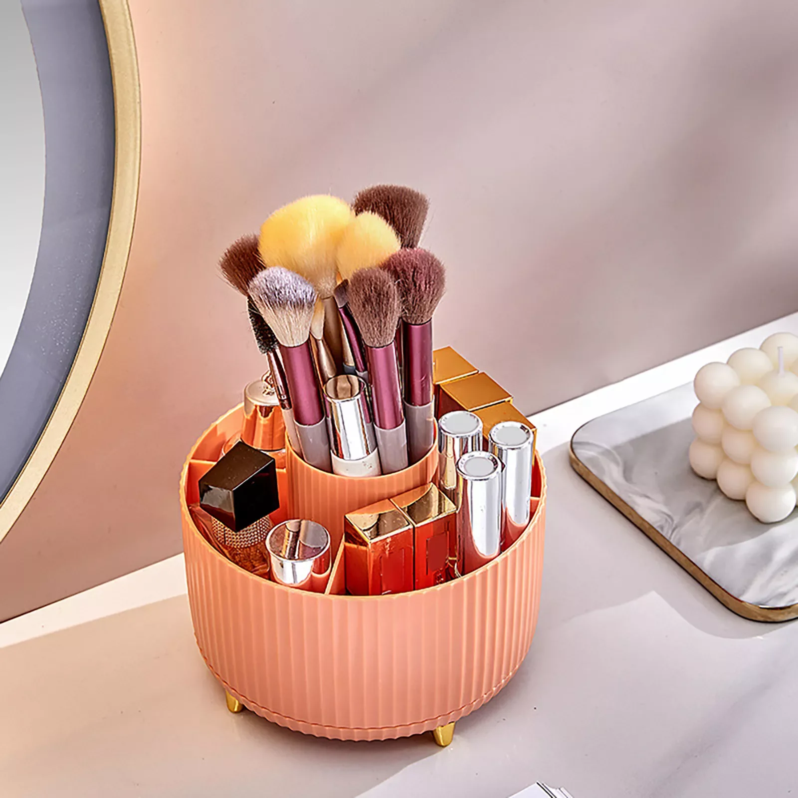 

Cosmetics Organizer 6 Slots Makeup Brushes Storage Container 360 Degree Rotating Dustproof Space-Saving for Bathroom Countertop