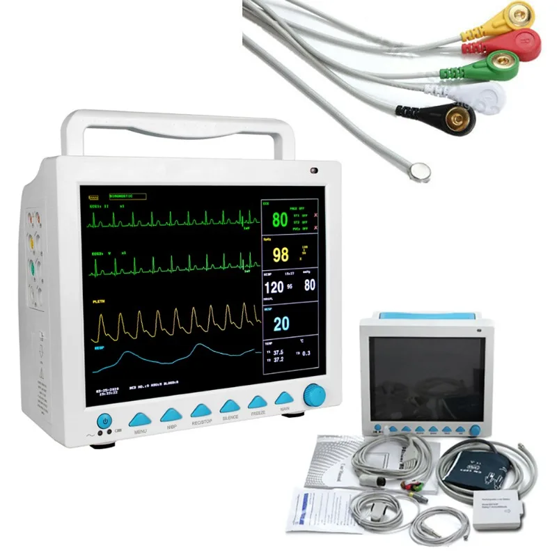 Фото Монитор пациента CONTEC CMS8000 с 6 параметрами, 12,1-дюймовый дисплей, для отделений интенсивной терапии (ОИТ) и кардиореанимации (КРУ), с функциями измерения SpO2, частоты сердечных сокращений, дыхания, температуры, ЭКГ, ЧСС (ETCO2/IBP/опция принтера) №5
