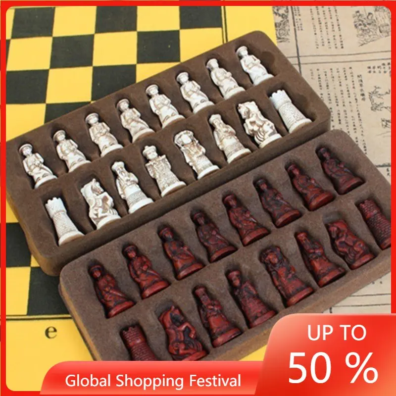 

Antique Chess Small Leather Chess Board Qing Bing Lifelike Chess Pieces Characters Parenting Gifts Entertainment Resin Figures