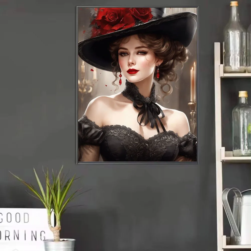 Красивая викторианская женщина со шляпой и цветами алмазная живопись новинка 2024