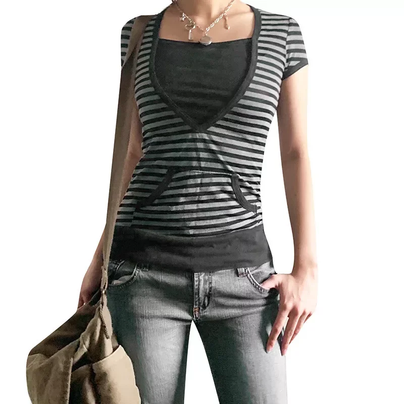 

y2k Short Sleeve Top Women Stripe Patchwork Harajuku Tee Vintage Woman Clothes Fairy Grunge Tshirt with Pocket Outfits