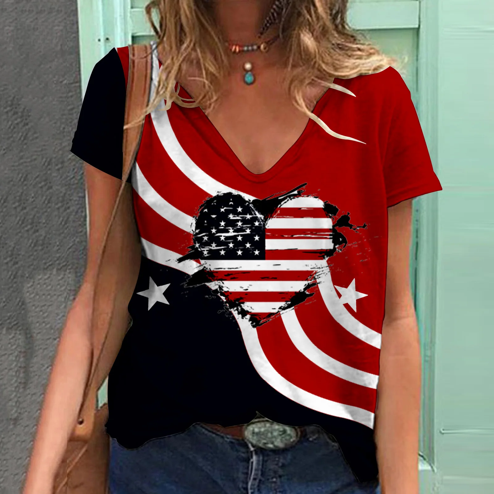 Fashion Women's T Shirt USA Flag Print Harajuku T-shirt Summer 2023 Top Kawaii Tees V Neck Pluse Size American Lady Y2k Clothing