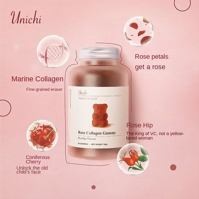 

Australia Imported Unichi Collagen Gummy Bear 60 Tablets Skin Whitening Pill Brightening Bouncy Moisturizing Rose Skin