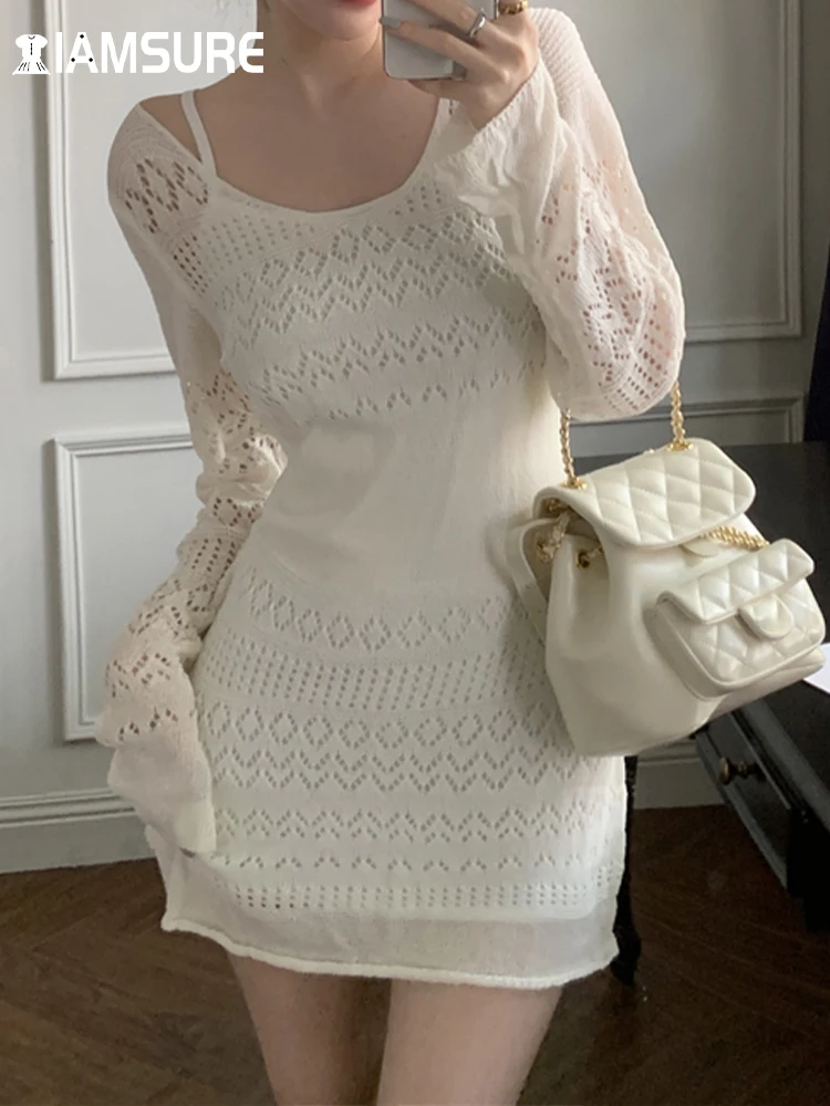 

IAMSURE Beach Style Hollow Out Bodycon Knitted Dress Sexy Slim V-Neck Long Sleeve Mini Dresses For Women 2022 Autumn Beach Style