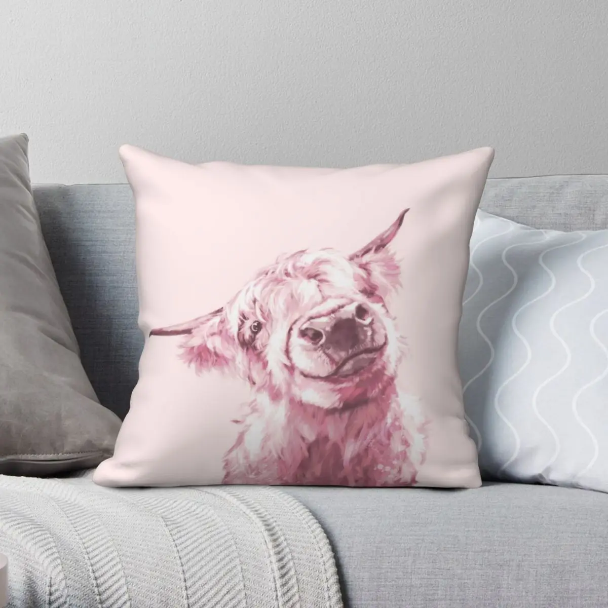 

Highland Cow In Pink Square Pillowcase Polyester Linen Velvet Pattern Zip Decor Car Cushion Cover 45x45