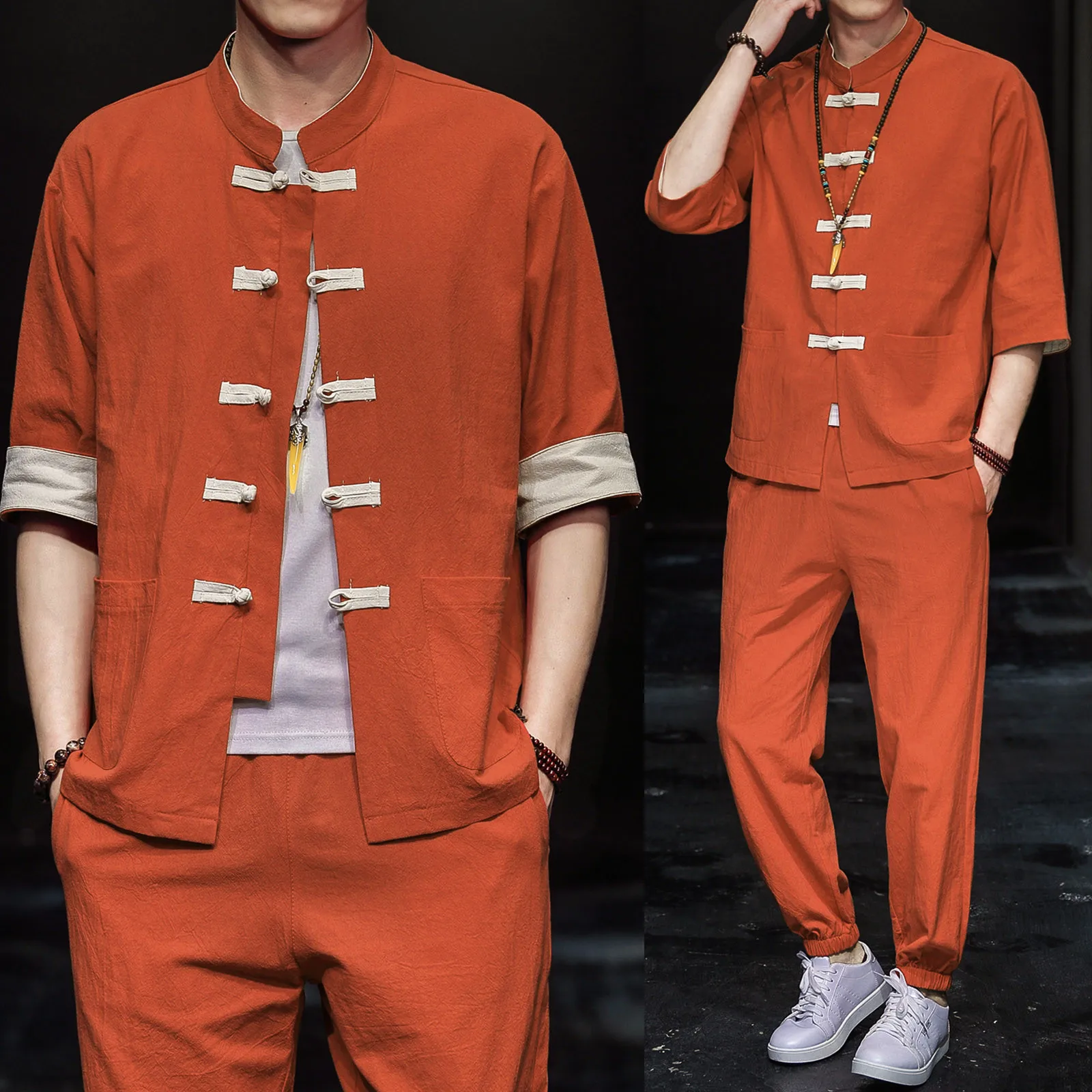 Solid Color 2 Piece Set Half Sleeve Men Tracksuit Stand Collar Men Sets Loose Ensemble Homme Pocket Streetwear Dailywear 2023