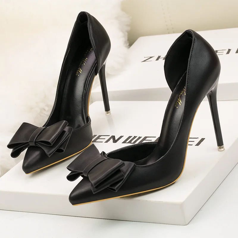 

NEW 10.5CM PUMPS Women's shoes Fashion sweet bow stiletto high heel shallow mouth pointed side hollow single shoes