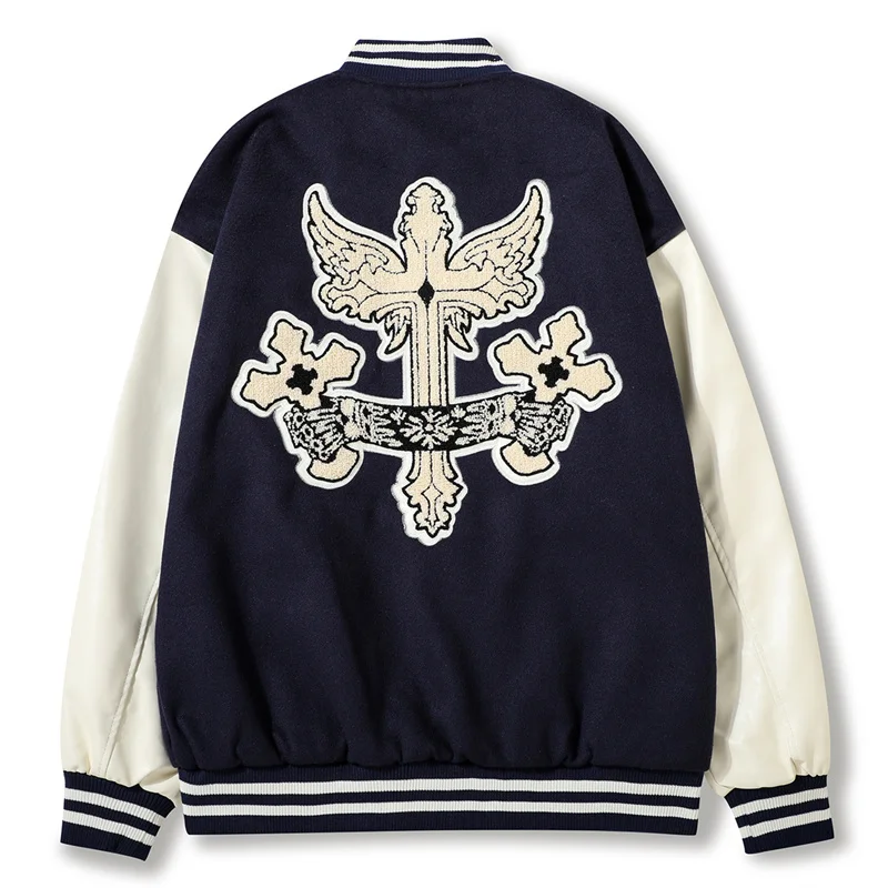 

2022 Hip Hop Oversized Streetwear Baseball Jacket Letter Cross Embroidery Vintage Coat Harajuku Gothic Fashion Bomber Jackets