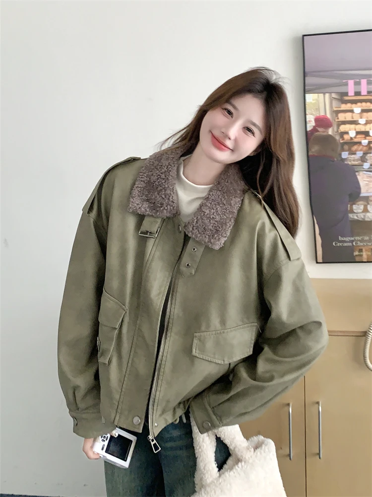 Lamb Wool Patchwork Fleece-lined Leather Coat Outerwear Women Autumn and Winter 2024 New Thickened Parka Small Motorcycle Clo...