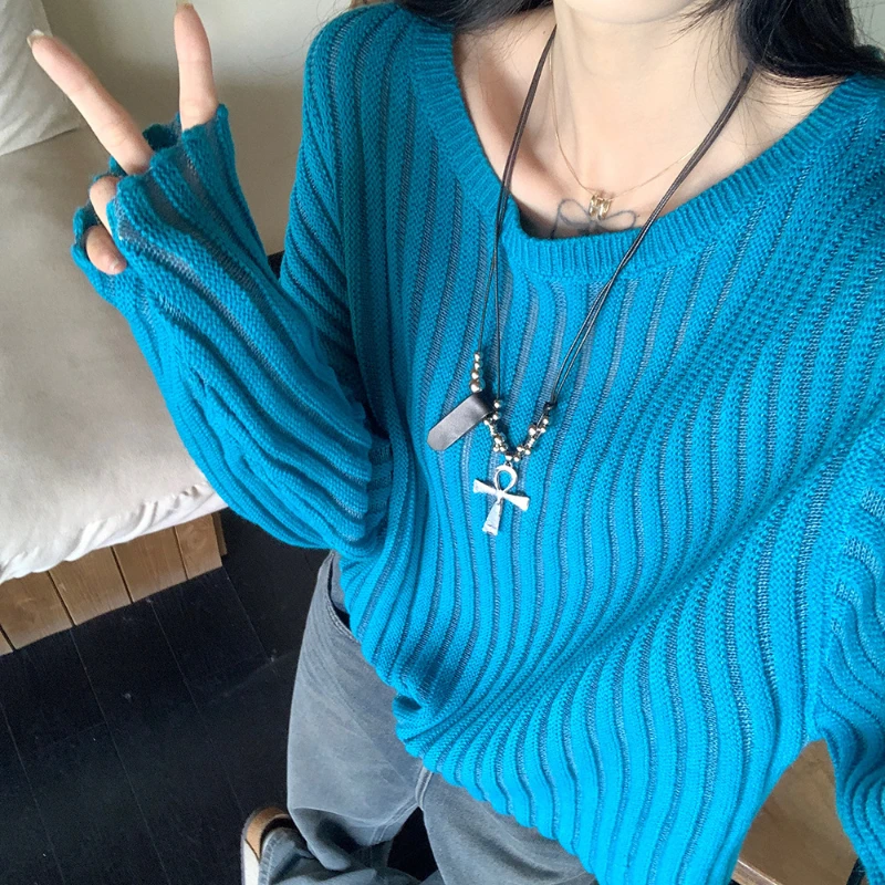 Новый однотонный слегка прозрачный женский топ тонкий вязаный свитер с длинными