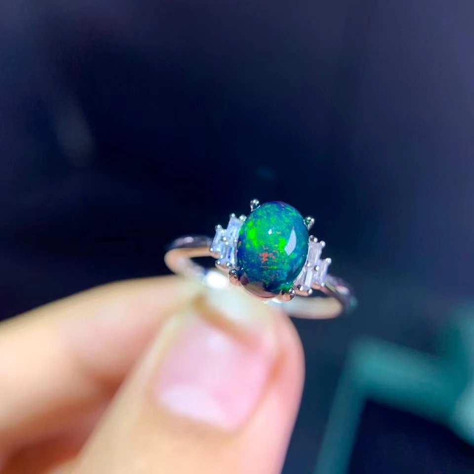 

2022 New 6x8mm Size Black Opal Ring for Women Jewelry Natural Gemstone Real 925 Silver Party Gift Colorful Flash