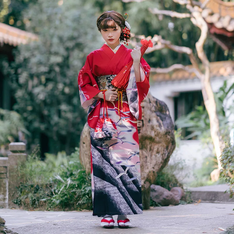 

Red Woman Lady Japanese Tradition Yukata Kimono With Obi Flower Vintage Evening Dress Cosplay Costume One size