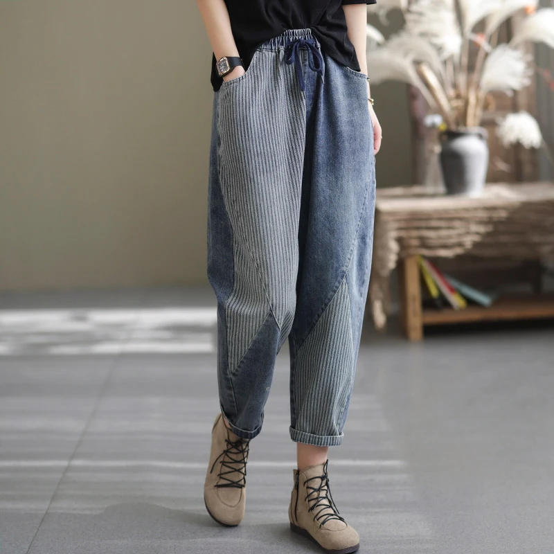 2022 Spring New Arts Style Women Elastic Waist Patchwork Stripe Cotton Denim Harem Pants All-matched Casual Loose Jeans V945