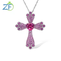 gz zongfa pure 925 sterling silve necklace for women created pink sapphire heart cross pendant 182chain lenght fine jewelry