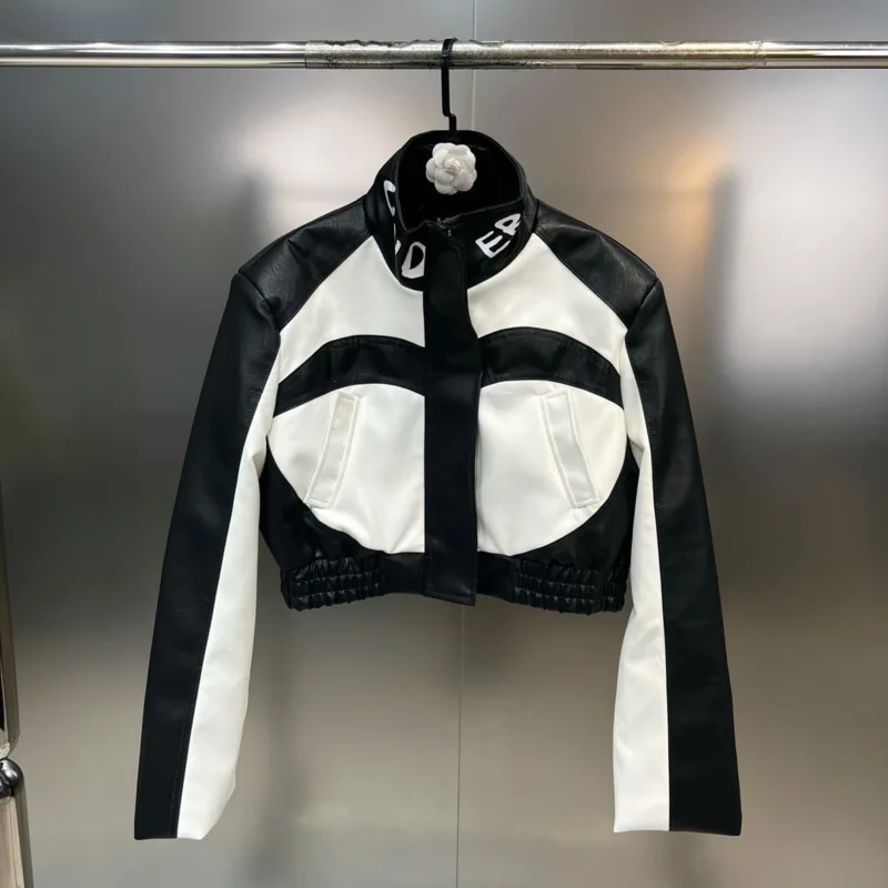 

PREPOMP 2023 весенняя куртка из искусственной кожи с длинным рукавом с принтом букв стоячим воротником черная белая Лоскутная куртка из искусственной кожи женское пальто GH271