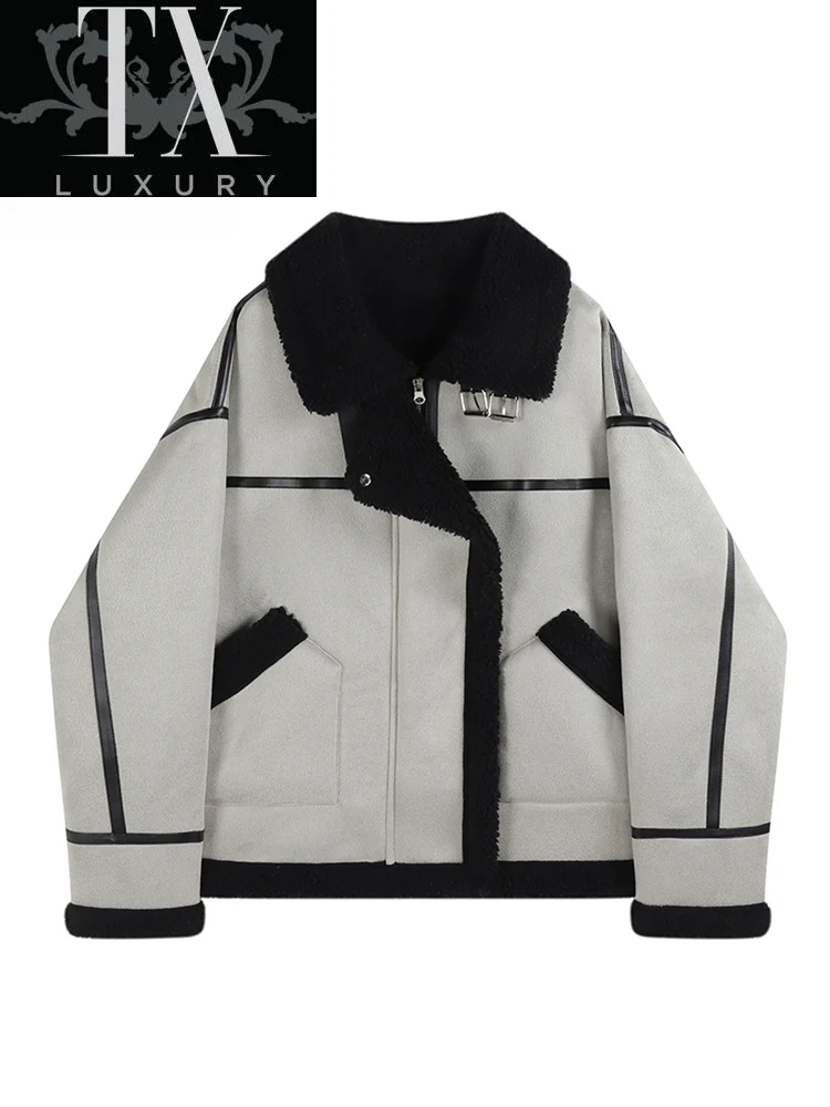 

Korean Fur Long Sleeved Loose Warm Women's Jacket Lamb Wool Winter Thickened Locomotive Lapel Female Teddy Coat Black Chic