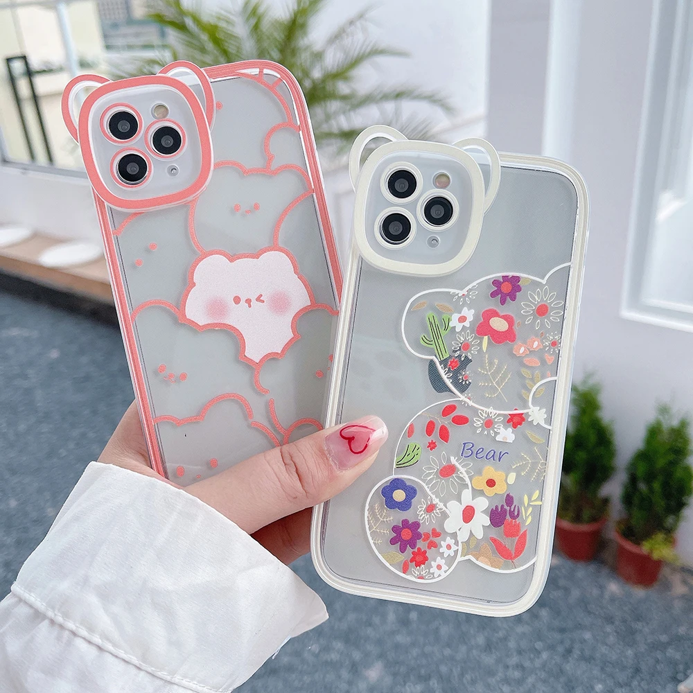 

Funda Coque for Iphone 13 11 12 Pro Max Girly Bear Phone Case for Iphone X XS MAX XR 7 8 Plus Small Fresh Cat Ear Love Hard Case