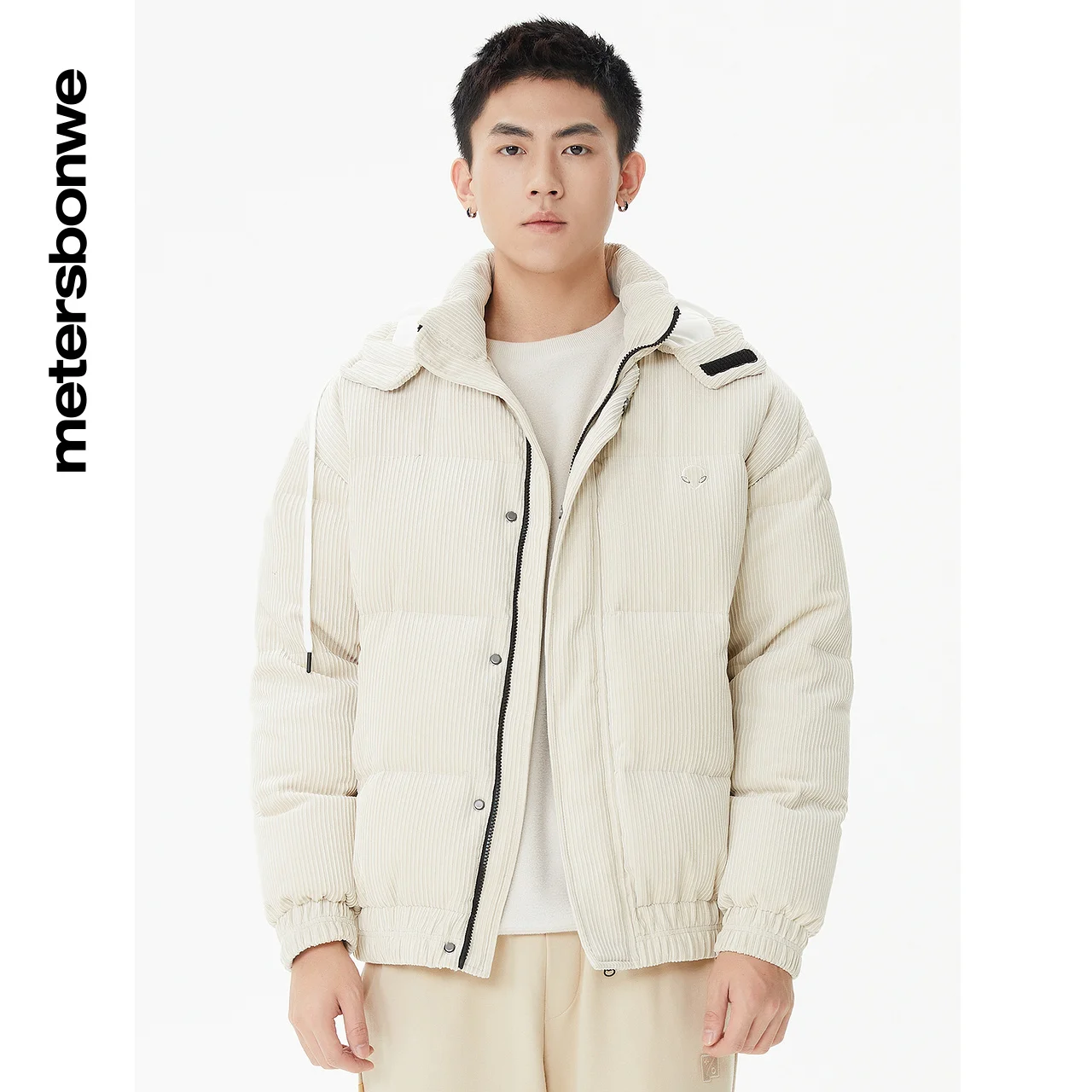 Metersbonwe Men's Corduroy Stand Collar Hoodie Down Jackets 90%Duck Down Warm Wear Loose Thick Solid Color Winter Down Coat