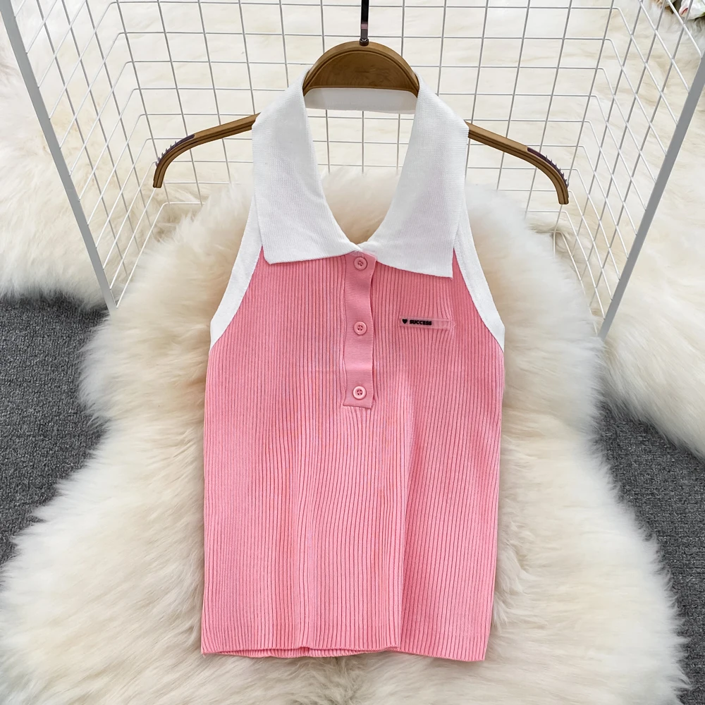 

Knitted Hault Tanks&Camis For Women Summer Sleeveless Polo Collar Button up Croset Crop Tops Woman Korean Fashion Tank Camisoles