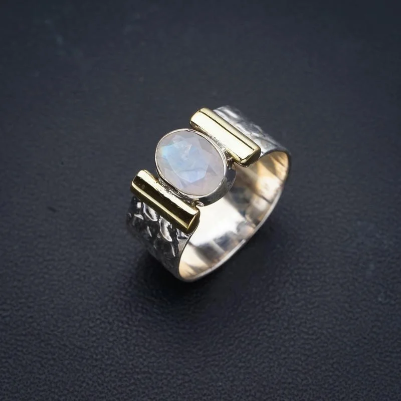

StarGems натуральный лунный камень двухцветное широкое кольцо ручной работы 925 пробы Серебряное кольцо 6,5 F0757