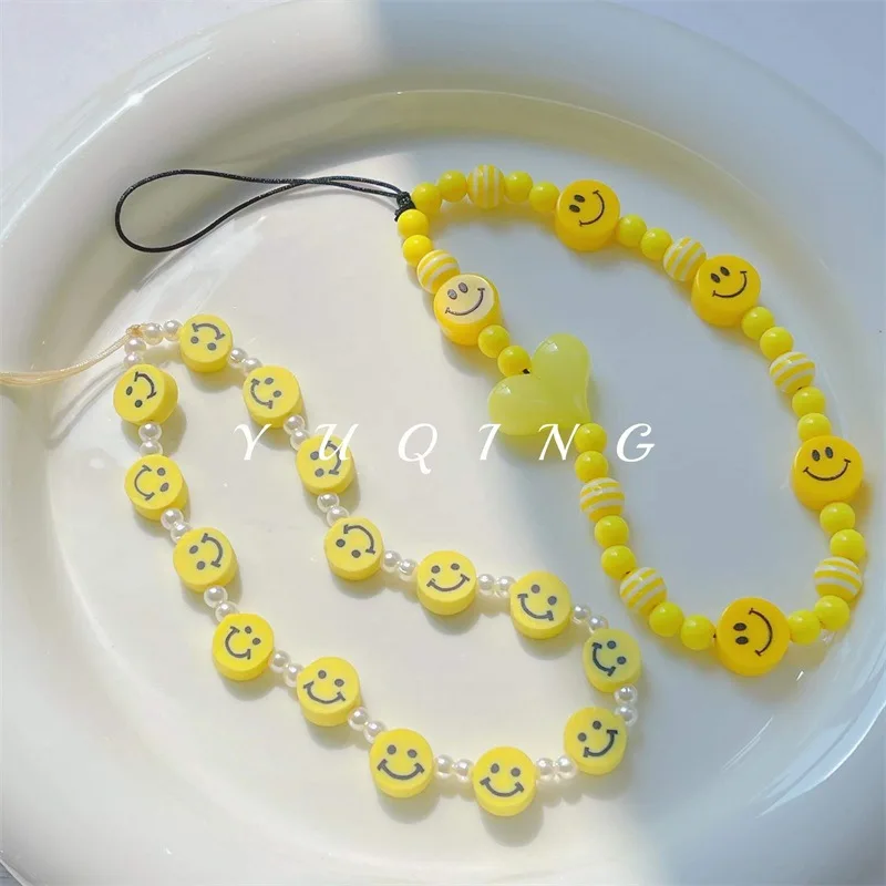 

Cute Yellow Soft Clay Smiley Mobile Strap Phone Chain Women Girl Pearl Resin Beads Telephone Pendant Anti-Lost Lanyard Jewelry