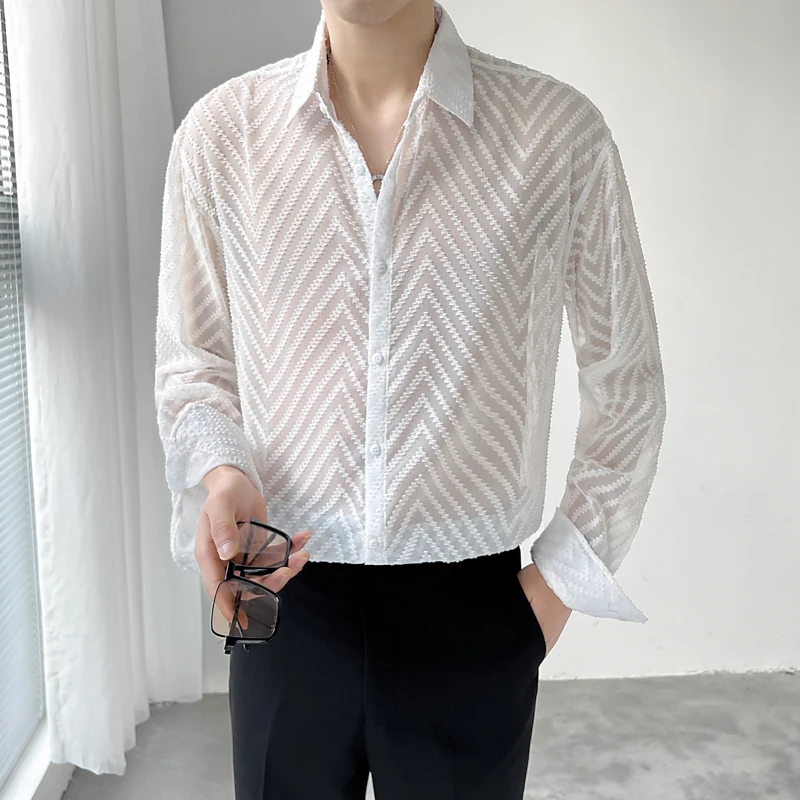 

Black/White Autumn New Loose Long Sleeve Casual Shirts Men Clothing 2022 Fashion Transparent Tuxedo Chemise Homme Streetwear Hot