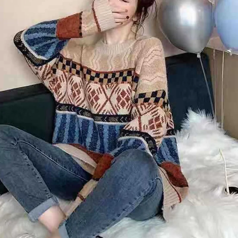

Sweater Retro Chic Splicing Color Winter Warm Clothing Knitted Pullover for Women Jumper